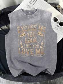 2026 Women's Vintage Fashion Vest, 100% Cotton Sleeveless Vest, Washed And Distressed Tank Top, Printed With Western Cowboy Vintage Lettering - 淺棕色 - 查看 7