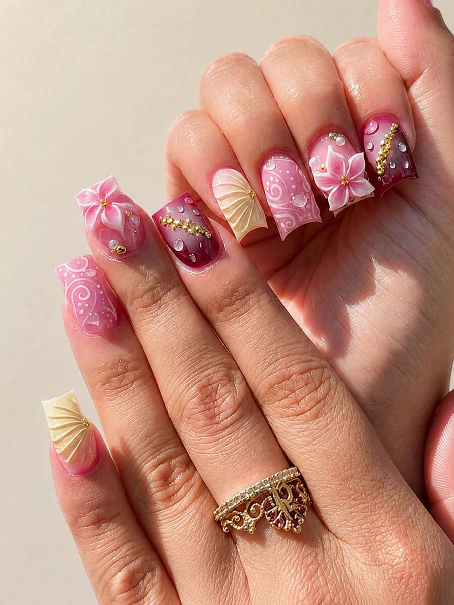 Y2Y Ongles Acryliques Fleur, 24 pièces Ongles Carrés Courts à Encoller, Set d'Ongles Faux Rose DIY Art 3D avec Accents de Perles Dorées, Convient pour les Fournitures de Salon de Manucure pour Femmes - Multicolore - Voir 1