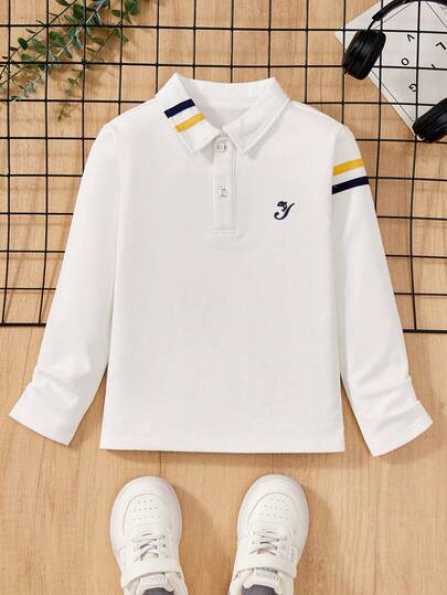Boys' Polo Shirt With Collar, Long Sleeve, Embroidered, Preppy Style Casual T-Shirt, Suitable For 4-12 Years Old Teenagers And Young Boys, School Wear Or Outdoor Outings, Soft Comfortable Breathable Fabric, Children's Base Layer, Spring/Autumn New Clothing