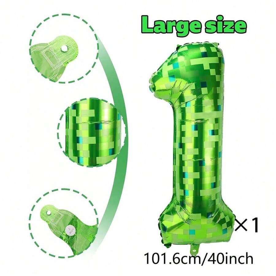 1PC 40 Inch 0-9 Giant Green Pixel Grid Miner Theme Digital Foil Balloons for Birthday Anniversary Party - Número 1 - Ver 1