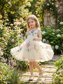 Girls' Princess Dress, Colorful Floral Embroidery, Sleeveless Mesh Patchwork, Casual Wear For Birthday Party, Summer - Beige - View 1
