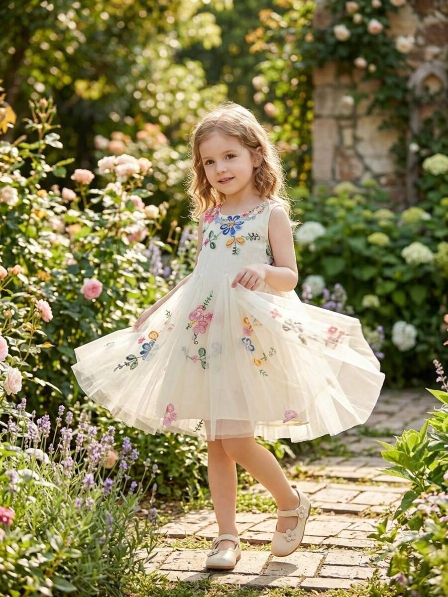 Girls' Princess Dress, Colorful Floral Embroidery, Sleeveless Mesh Patchwork, Casual Wear For Birthday Party, Summer - Beige - View 1