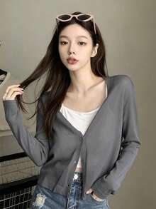 Áo khoác cardigan dệt kim dài tay cổ chữ V dáng rộng, nhẹ, thoáng khí dành cho nữ, thích hợp cho mùa xuân/hè. - Xám - Xem 9