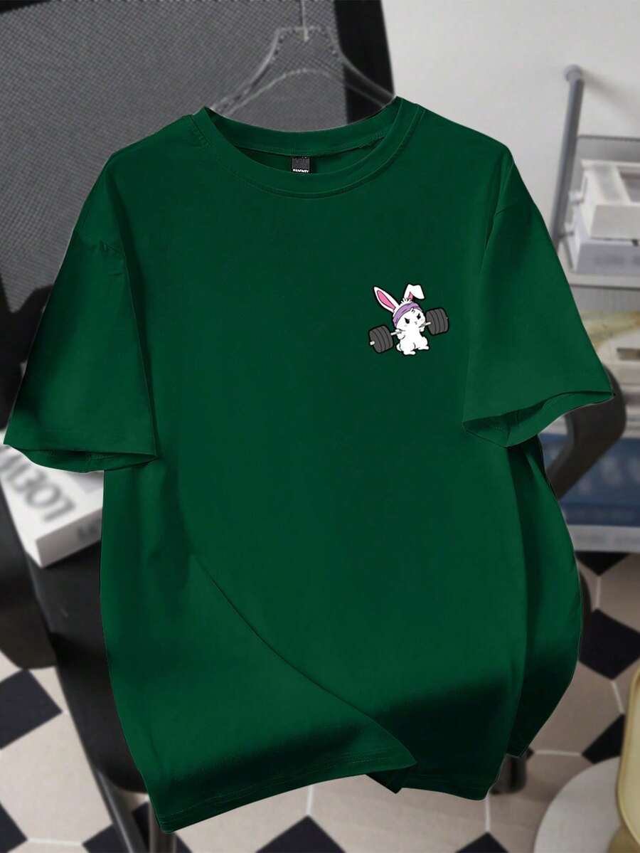 Manfinity Hypemode Men's Casual Summer Crew Neck Short Sleeve Rabbit Print T-Shirt - 酒紅色 - 查看 1
