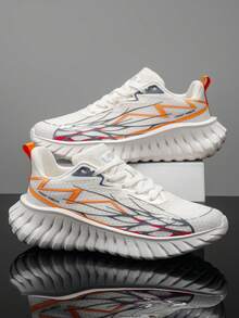 Men's Colorblock Line Design Lace-Up White All-Season Low-Top Sneakers, Versatile Lightweight Comfortable Thick Sole Height-Increasing Running Shoes For Daily Commute And Streetwear - White - View 2