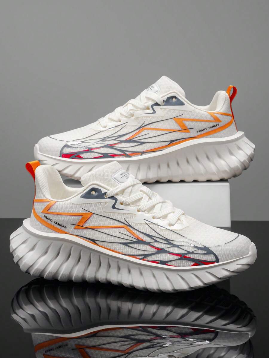 Men's Colorblock Line Design Lace-Up White All-Season Low-Top Sneakers, Versatile Lightweight Comfortable Thick Sole Height-Increasing Running Shoes For Daily Commute And Streetwear