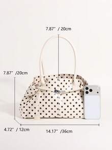 Bolso de axila de PU con lunares en contraste blanco y decoración de correa, bolso tote de gran capacidad, bolso de hombro para mujer adecuado para ir al trabajo y hacer compras - Blanco - Ver 2