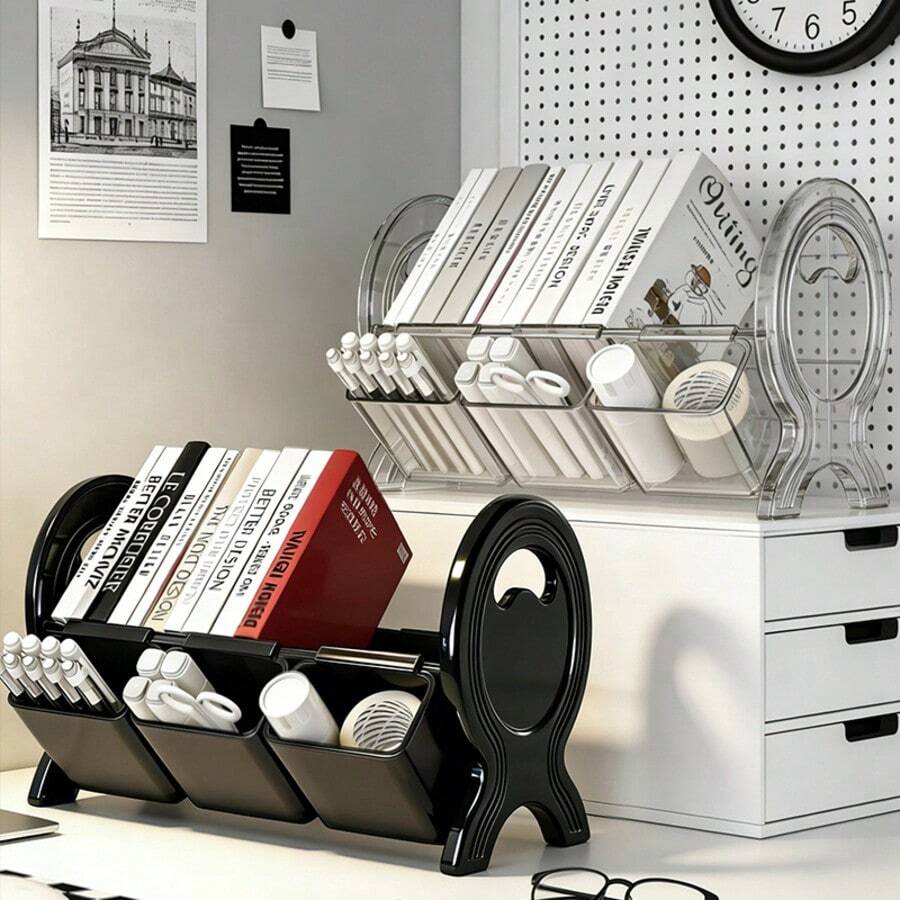 1pc Clear/Black Acrylic Desk Organizer With Bookend, 2-In-1 Desktop Storage Rack For Books, Stationery, Magazines & Vinyl Records, Multi-Compartment Office Organizer For Home, School & Office - Multicolor - View 1