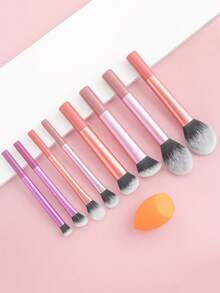 ronshadow 8pcs Pink Purple Orange Multicolor Long Handle Makeup Brush Set Including Powder Brush, Blush Brush, Foundation Brush, Eyeshadow Brush, Detail Brush + Makeup Sponge, Complete Soft Bristle Makeup Tool Set For Beginners - Multicolor - View 5