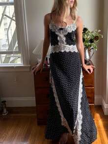 Vestido Largo Mujer de Lunares con Encaje Escote V Tirantes Finos Abertura Asimétrica Elegante para Boda y Fiesta - Negro - Ver 5