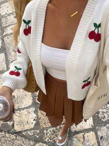 Women's Autumn/Winter White Fun Cherry Casual Versatile Daily Commute Slouchy Fashion Minimalist Cardigan - White - View 3