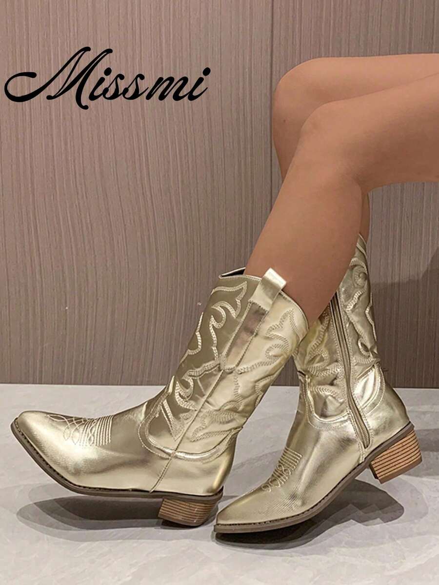 秋冬季女士热门百搭银色刺绣切尔西靴,西部风格,牛仔靴,派对装扮,女牛仔靴,科切拉音乐节 - 金色 - 查看 1