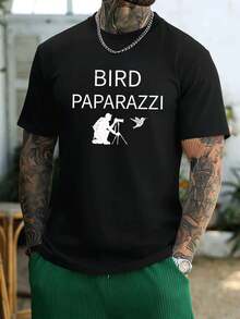 Camiseta con estampado de fotógrafo de aves, algodón suave, cuello redondo, corte holgado, cómoda, estilo hip-hop urbano. - Negro - Ver 1