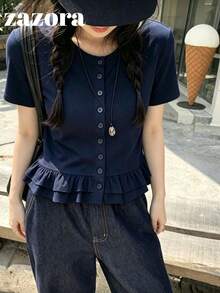 俏皮荷葉邊圓領短袖T恤，日系復古少女風百搭寬鬆上衣夏季休閒服飾 - 藏青色 - 查看 1