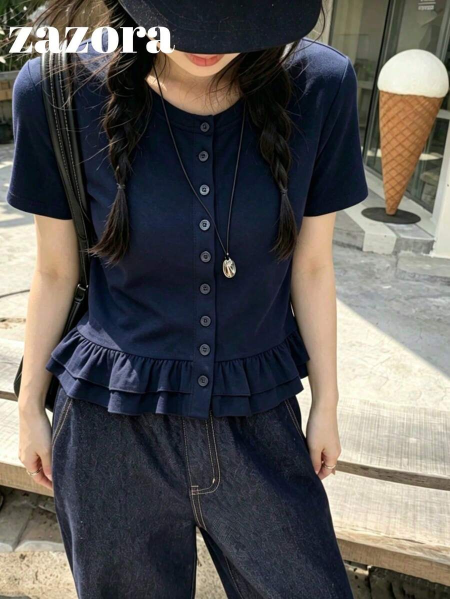俏皮荷葉邊圓領短袖T恤,日系復古少女風百搭寬鬆上衣夏季休閒服飾 - 藏青色 - 查看 1
