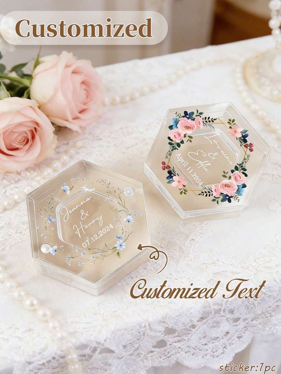 定制亚克力六边形个性化花朵戒指盒，时尚高品质，简洁现代，适合作为结婚礼物、周年纪念礼物、婚礼戒指托盘