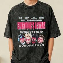 Washed T-Shirt 5-Second Summer Band Four-Member Close-Up Face Portraits - Black - View 1