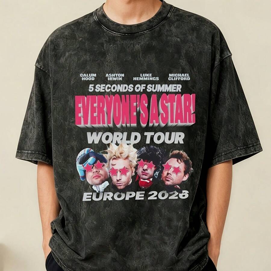Washed T-Shirt 5-Second Summer Band Four-Member Close-Up Face Portraits - Black - View 1