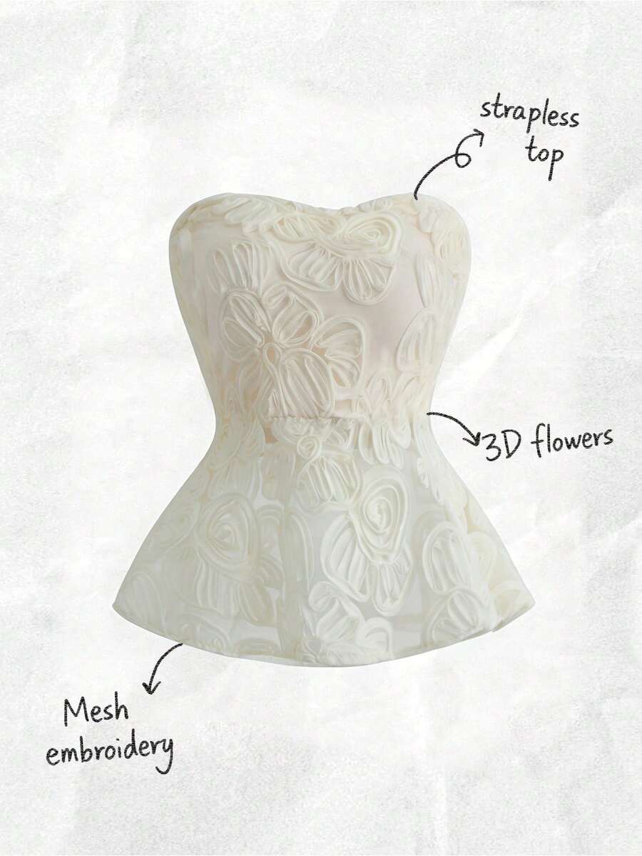 y de moda blusa de mujer sin mangas con cintura fruncida, bajo con volantes, cierre oculto, tela de malla bordada en color albaricoque para primavera/verano - Albaricoque - Ver 1