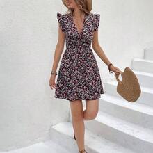 Soqi Women's Clothing Vestido corto de verano con estampado floral menudo, cuello en V, mangas tipo volante, cintura con pliegues y silueta para mujer, ideal para vacaciones - Multicolor - Ver 5