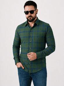 Men's Long-Sleeved Flannel Plaid Shirt - 軍綠色 - 查看 1