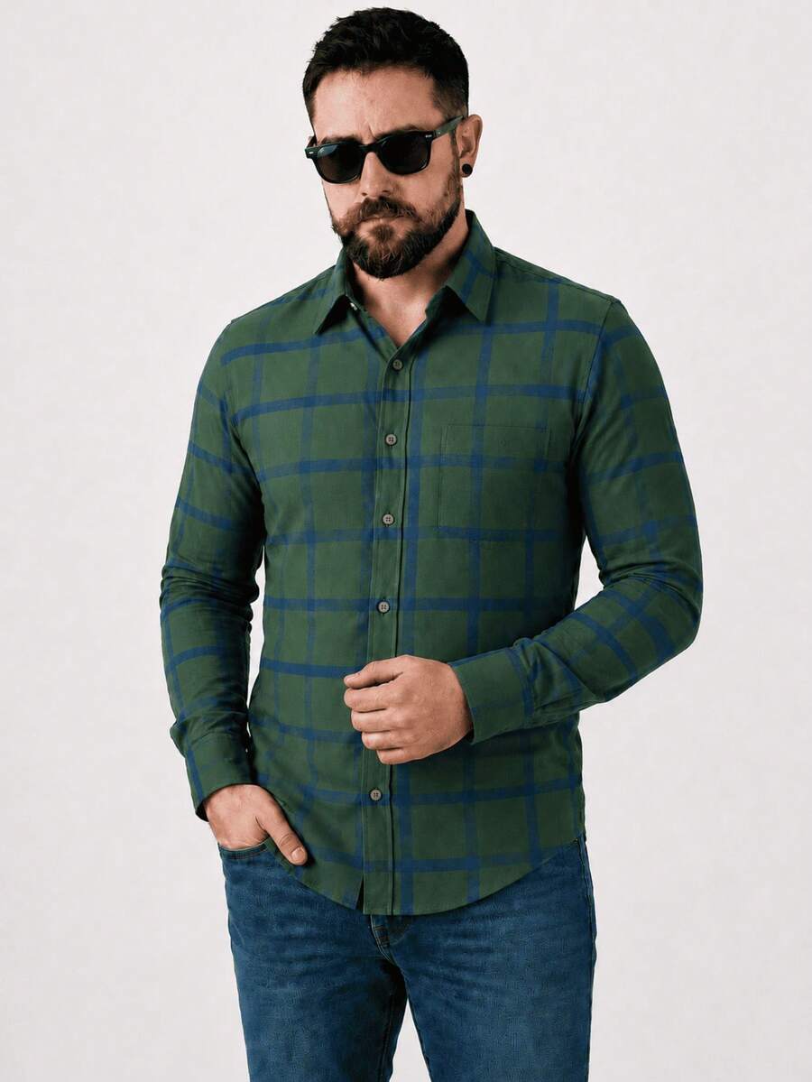 Men's Long-Sleeved Flannel Plaid Shirt - 軍綠色 - 查看 1