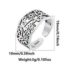 925 Sterling Silver Vintage Hollow Flower Design Open Ring, Smooth Finish, Adjustable, Suitable For Daily Wear, Party, Gift For Family And Friends, Birthday, Holiday - Gift Box - Antique Silver - View 3