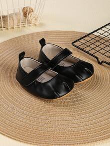 1 Pair Girls' Ruched PU Hook & Loop Design Flat Mary Jane Solid Color Casual Princess Style Shoes Suitable For Autumn - Black - View 3