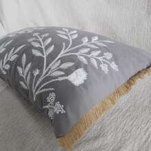 Französischer Landhausstil Vogel-Stickerei Kissenbezug, Vintage Botanik Blumen Kissenbezug mit Quastenbesatz, Shabby Chic Salbeigrün & Beige Heimdekoration, 1 Stück - Anthrazitgrau - Übersicht 11