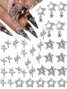 30pcs Silver Star Nail Art Decorations, Shiny 3D Star Nail Gems, Starlight Nail Jewelry, Y2K Acrylic Nail Decor, Metal Nail Supplies, Suitable For Women And Girls Nail Charms - Silver - View 2