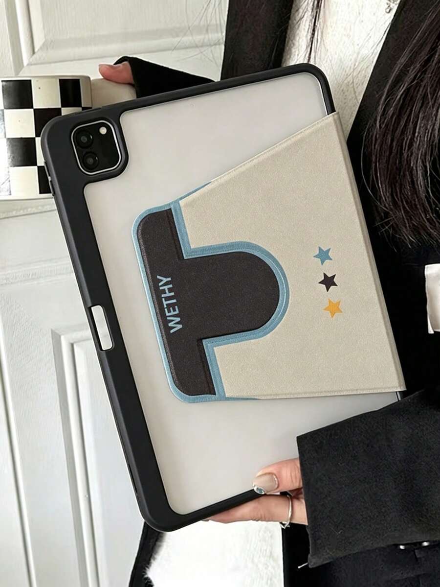 Funda protectora con tapa abatible y soporte para iPad de 7.ª, 8.ª y 10.ª generación de 10.2 pulgadas, con soporte para lápices giratorio de 360° con diseño de estrella - Multicolor - Ver 1