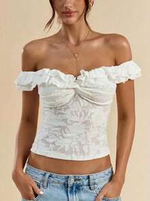 Top corto de encaje con hombros descubiertos para mujer, blusa ajustada con frente con nudo y volante - Blanco - Ver 8