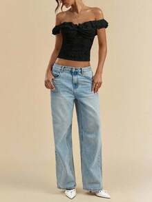 Top corto de encaje con hombros descubiertos para mujer, blusa ajustada con frente con nudo y volante - Negro - Ver 6