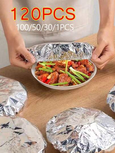 120/100/50/30/1pc Reusable Aluminum Foil Elastic Food Wrap Covers - Refrigerator Tableware Insulation Covers, Aluminum Foil Lids, Kitchen Food Preservation And Insulation Wraps, Suitable For Bowls, Plates, Dishes - Keeps Food Warm, Fresh