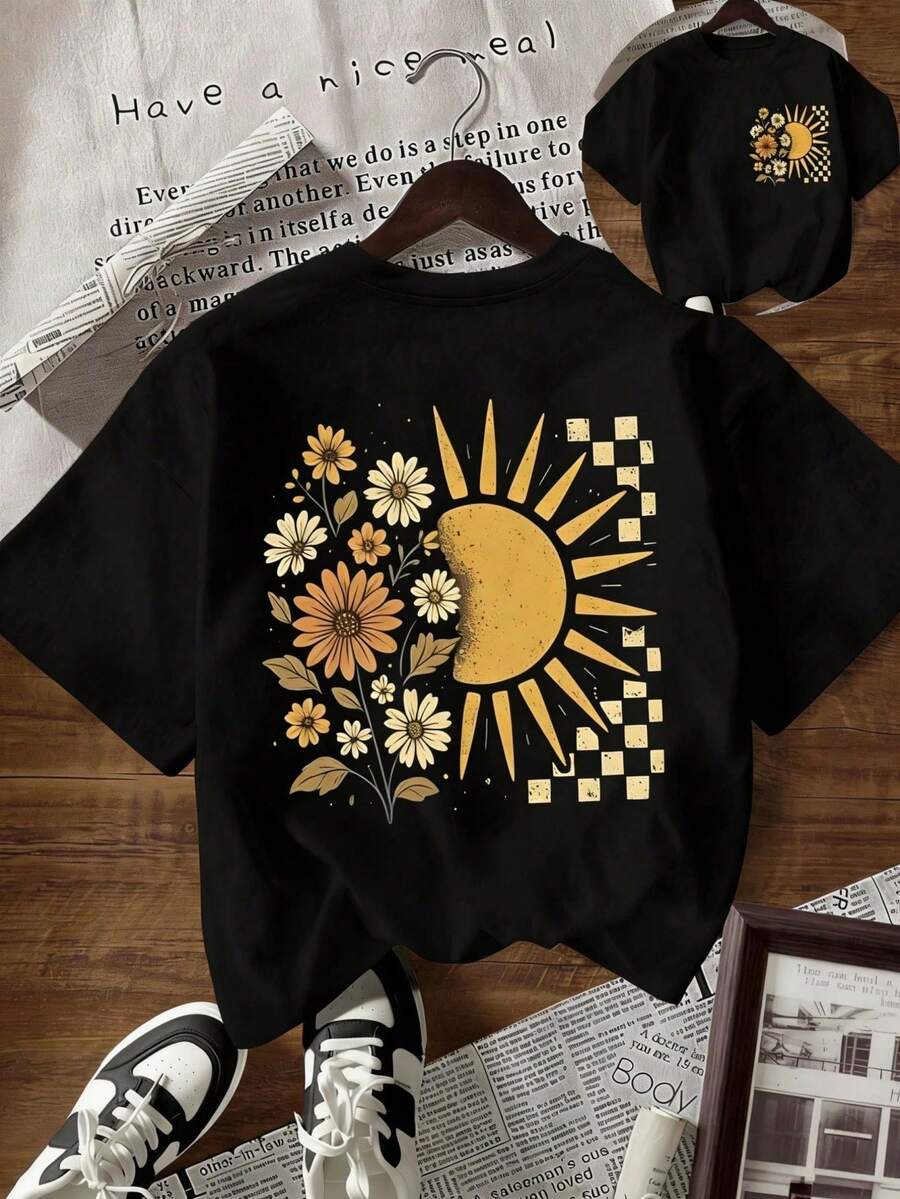 Damen Einfarbiges T-Shirt Mit Rundem Ausschnitt Und Kurzen Ärmeln, Super Locker Geschnitten, 100% Baumwolle, Weich Und Bequem, Alltags-Casua - Style1 - View 1