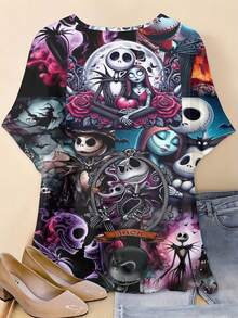 Disney, Nightmare Before Christmas Jack Skellington And Sally Character Print, Round Neck Short Sleeve T-Shirt, For Casual Wear And Halloween Party - 彩色 - 查看 4