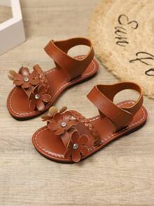 1 Pair Beige Girls' Flat Sandals, Solid Color Soft PU Braided Fabric + Shiny Rhinestone Flower Strap Decor, Classic Single Strap Hook & Loop Design, Round Toe Open Toe Fashionable Cute Beach Sandals, Suitable For 3-12 Years Old Girls' Daily Casual Wear, Spring/Summer New - Brown - View 2
