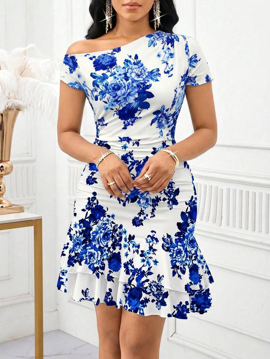 Lady Vestido de verano elegante con estampado floral, manga corta, ajustado y con volante asimétrico en el bajo para mujer - Azul - Ver 1