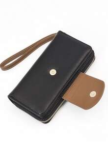 Women's Mini Handheld Phone Wallet, Exquisite Buckle Color-Block Patchwork Soft PU Long Wallet, Multifunctional Large Capacity ID Storage Pouch, Zipper Coin Purse, Lightweight And Fashionable - Black - View 5