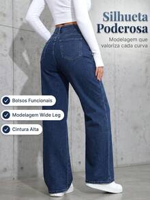 Women's Wide Leg Jeans, High Waist, Comfortable, Dark Blue - 深色水洗藍 - 查看 7