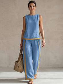 Set de vară pentru femei, cu guler rotund, fără mâneci, casual, lejer, cu top și pantaloni largi cu talie înaltă, lejeri - Bleu - Vizualizare 2