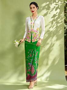 女款 Saruang Kebaya，1件裝 Nyonya Kebaya 花卉印花優雅長裙，春/夏款（不含上衣） - 綠色 - 查看 9