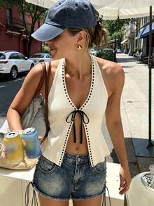 Summer Minimalist Knit White Women's Crochet Spaghetti Strap Top, Front Tie Contrast Trim, Vintage Bow Detail - White - View 2