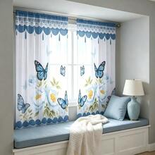 2 pezzi di tende trasparenti in stile rustico fresco, con motivo di farfalle blu e peonie bianche con bordo in pizzo. Stampa piatta 2D, permettono alla luce di filtrare e sono ideali per la decorazione estiva di finestre, sale da pranzo, soggiorni e cucine. - Multicolore - Visualizzare 2