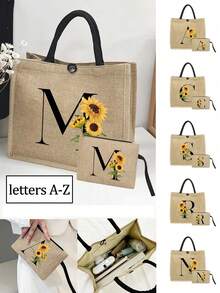 2pcs Linen Tote Bag Set, Including 1 Bag Printed With Letters A-Z And 1 Floral Printed Pouch, Sunflower Floral Print, Letter, Flower Pattern, Personalized Gift Packaging, Yellow Linen Black Tote Bag With Black Snap Closure, Bag Set - Khaki - View 1