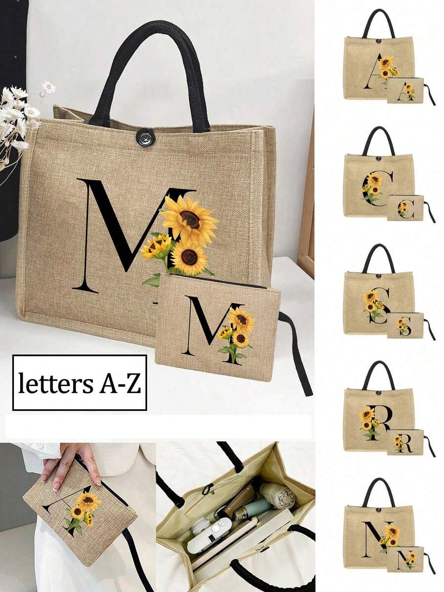 2pcs Linen Tote Bag Set, Including 1 Bag Printed With Letters A-Z And 1 Floral Printed Pouch, Sunflower Floral Print, Letter, Flower Pattern, Personalized Gift Packaging, Yellow Linen Black Tote Bag With Black Snap Closure, Bag Set - Khaki - View 1