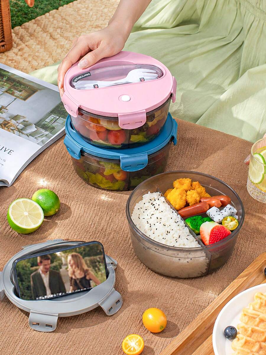 Round Divided Bento Box, Lunch Box - With Cutlery Set, School Lunch Box, Microwave (Remove Lid). Lunch Bag, Suitable For Office, School And Home Use. Back To School, Picnic, Easy To Clean