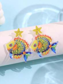 1 par de pendientes de botón creativos con diseño de pez, patrón abstracto colorido de criatura marina de dibujos animados, estilo bohemio, único y divertido, joyería casual y versátil para mujer para fiestas - Multicolor - Ver 6