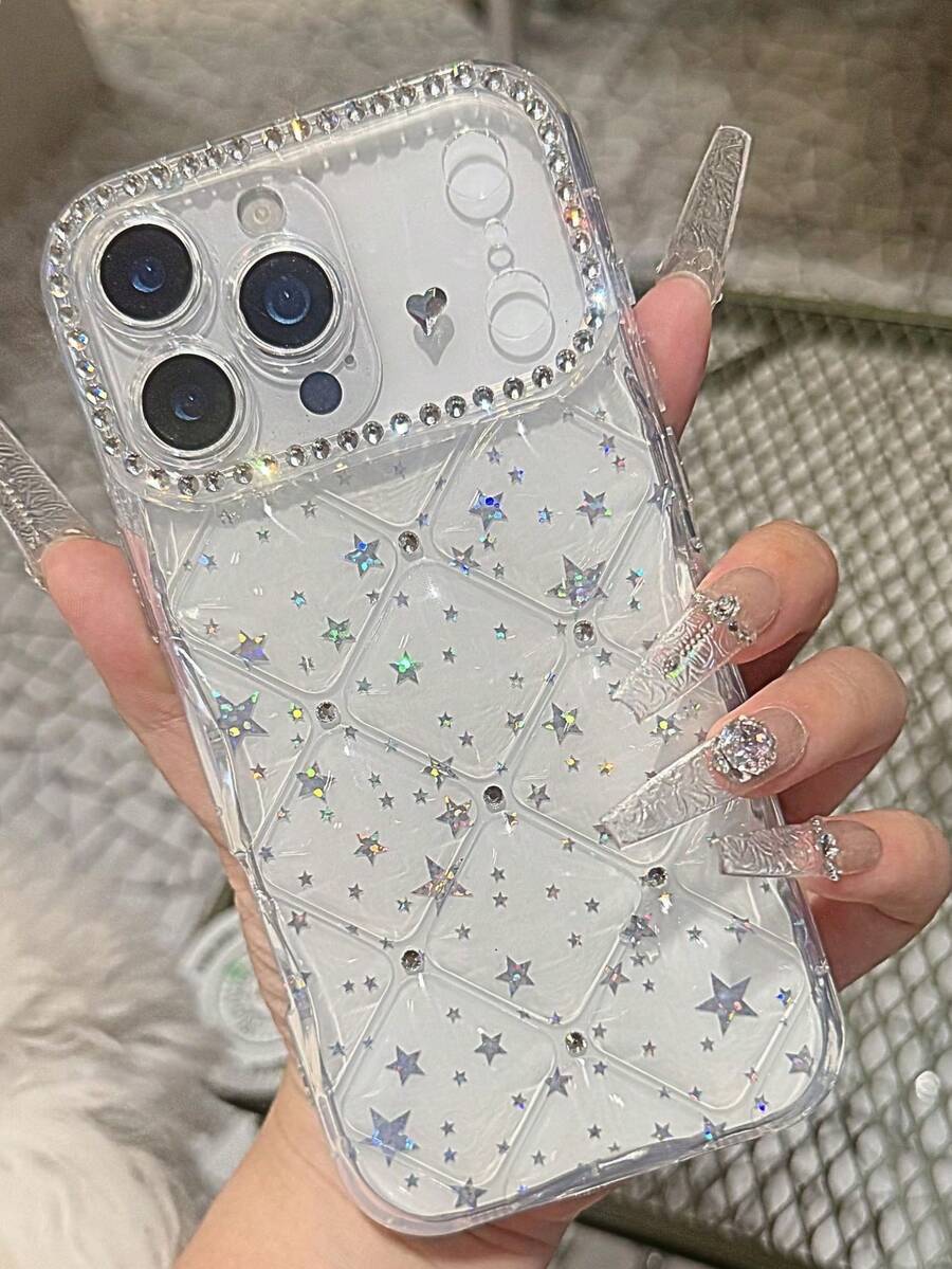 Luxury Quilted Rhinestone Frame With Sparkling Star Transparent Full Coverage Shockproof Phone Case Protective Cover Compatible With IPhone 17 Pro Max 17e 13 14 15 16e - Clear - View 1