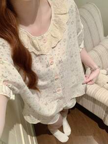 2pcs/Set Women's Pajama Homewear Set, Cute Animal Print Open Front Lace Collar Short Sleeve Simple Casual Shorts, Suitable For Spring And Summer, Can Be Worn Outdoors - White - View 6